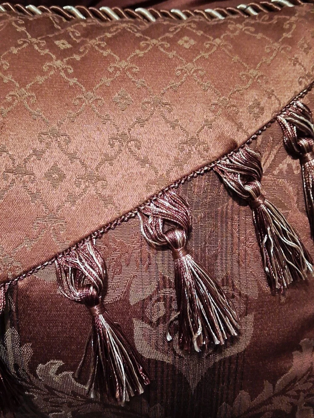 Chris Madden Accent Pillow Set Triangle Overlay Cord Trim Rose Brown Color Silky